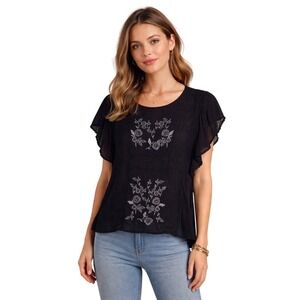 American Eagle Woman's M Embroidered Flutter Sleeve Blouse Navy Blue  Boho
